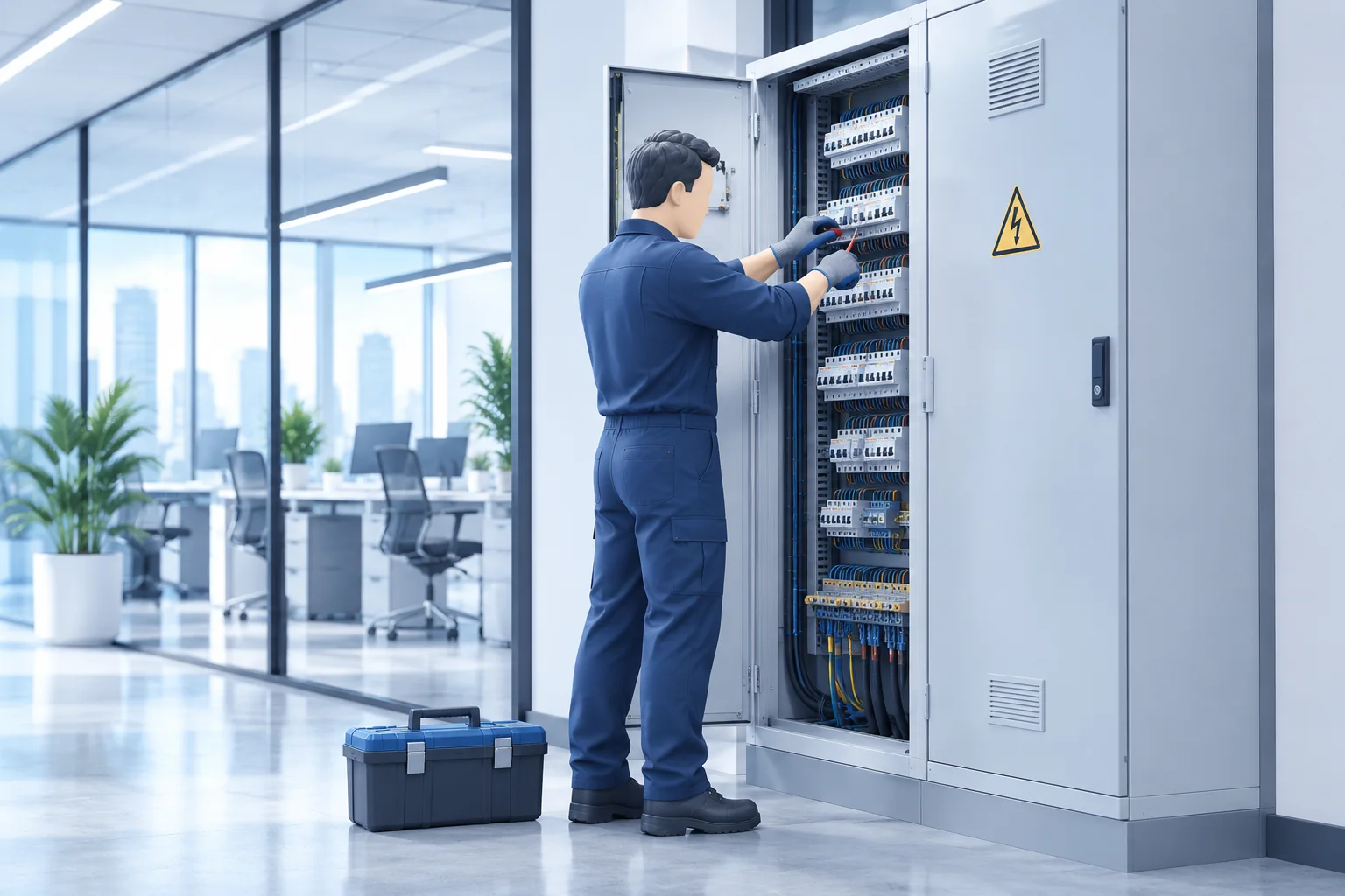 Técnico revisando el cuadro eléctrico de un local